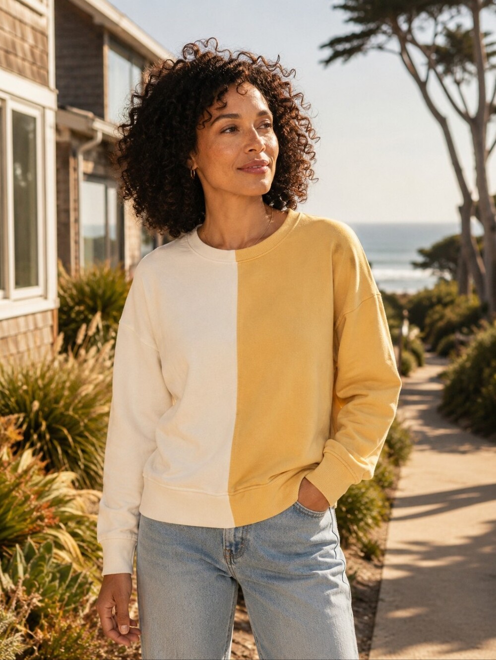Marine Layer Cate Colorblock Sweatshirt Ochre Antique White XS